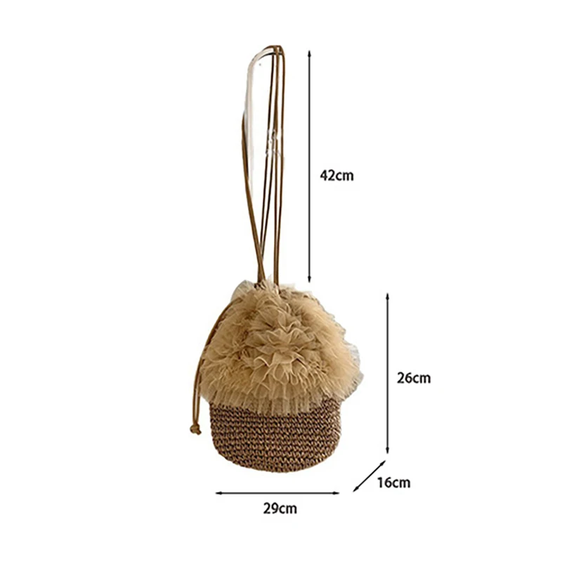 Damen-Straw-Bucket-Bag mit Mesh-Spitzenbesatz, handgefertigte Häkel-Schultertasche im Boho-Stil für den Sommer und Alltag – Detail 1