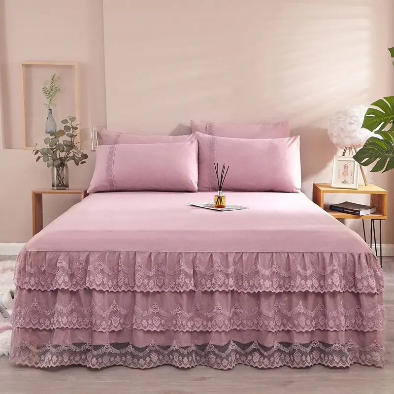 

Lace Bed Skirt Bed Cover Ruffle Bed Skirt Bedspread Bedroom 3 Layers Bed Skirt Bedsheet Couvre Lit Non-slip Mattress Cover