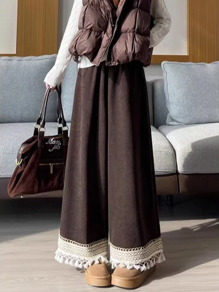 Corduroy Wide Leg Pants Women Vintage High Waist Tassel Thick Casual Trouser Autumn Winter Korean Simple Office Lady New Pants