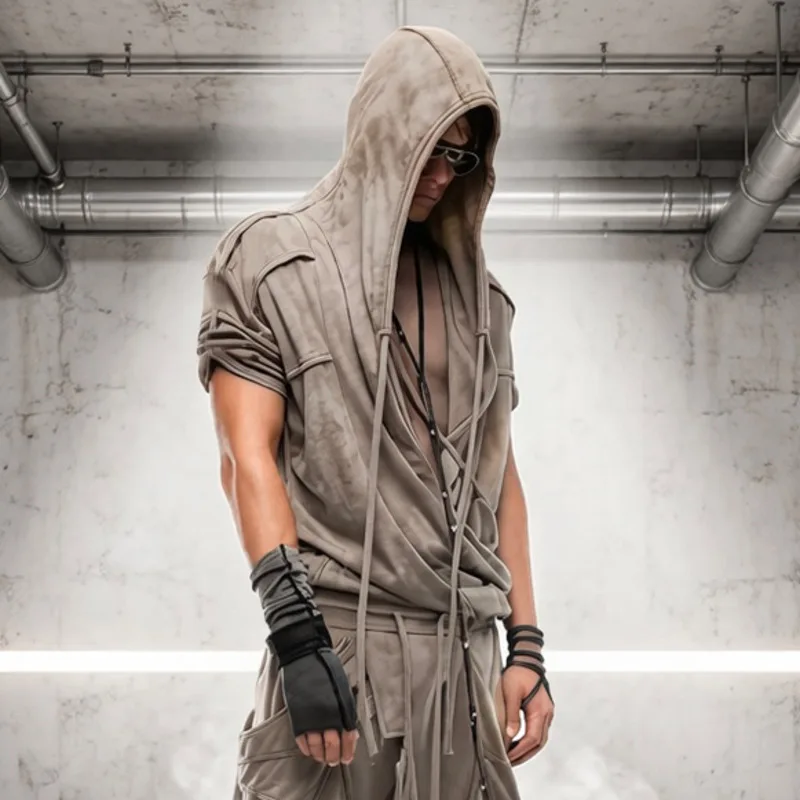 HKSH Summer New Men Tide Dark Waste Land Dark Asymmetrical Hooded Dirty-Dyed Vintage Pleated Cotton Short Sleeve T-shirt HK20110