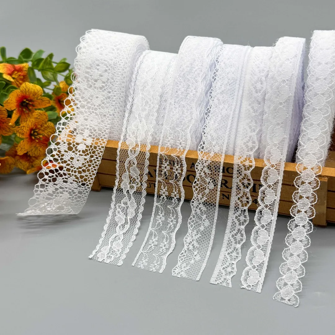Weißes Blumen-Spitzenband 1,4-3,8cm 10M Einzelrolle oder 7-Rollen-Set für Kleiderkanten, Ärmel, Nähen, DIY-Dekoration