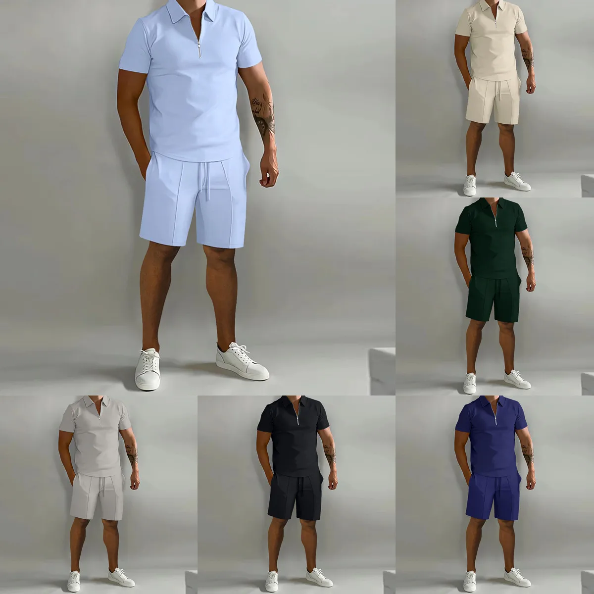 Traje de hombre, camisa polo de color sólido, pantalones de tira vertical con solapa, pantalones cortos de manga corta, ropa deportiva informal