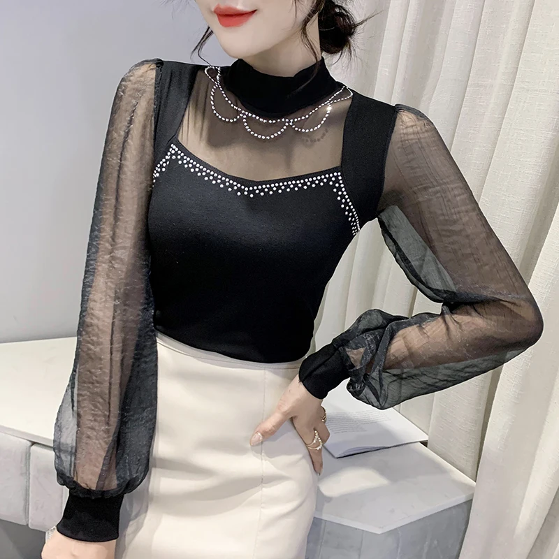 2023 New Fall Winter Korean Clothes Cotton T-Shirt Chic Sexy Mock Neck Patchwork Mesh Diamonds Women Tops Long Sleeve Tees 39339