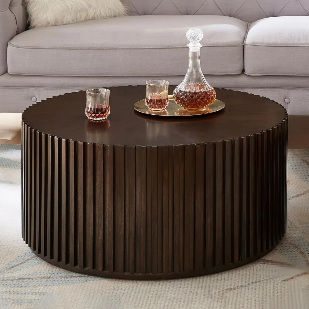 

Round Wood Coffee Table for Living Room, Handcrafted Natural Drum Table for Small Spaces (Deep Brown, 31x31x16 in)