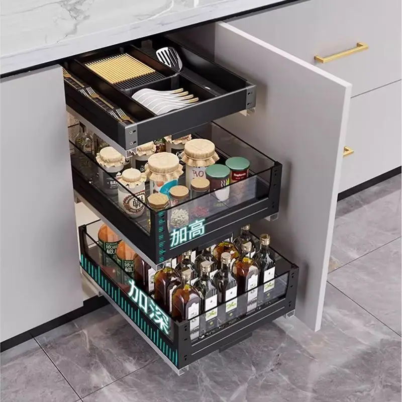 Kitchen Seasoning Basket Cabinet Multi-layer Drawer Pot Dish Rack Glass Black Crystal Tool Basket