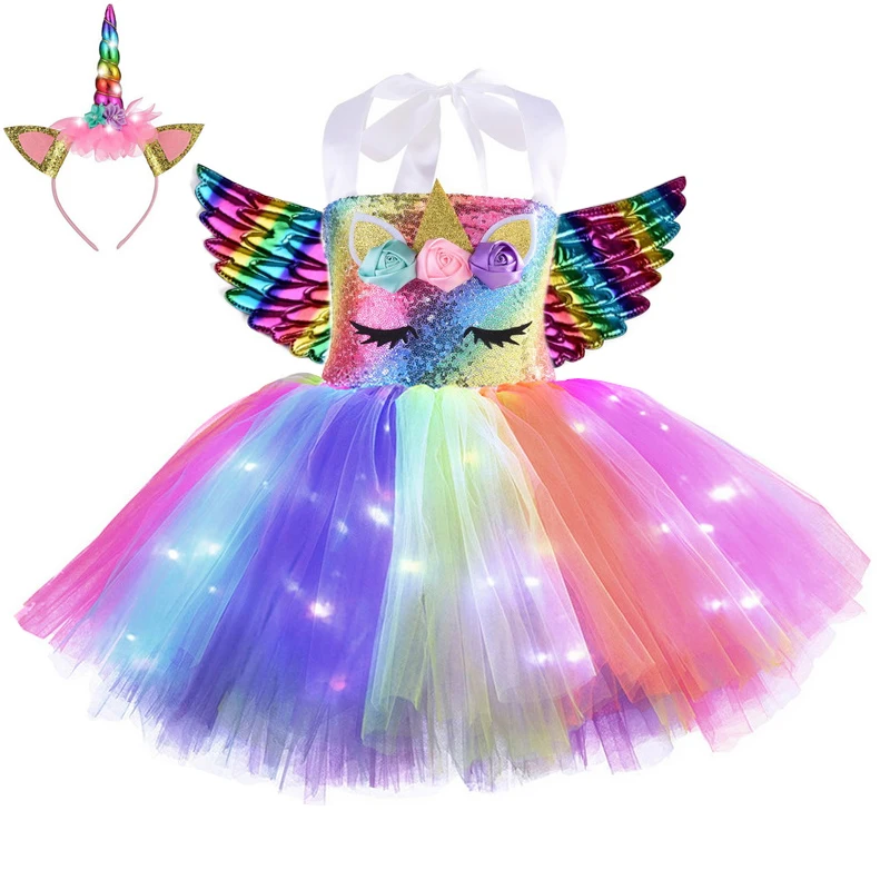 Girls Halloween Glowing Unicorn Costume Kids Sequin Rainbow Birthday Party LED Lights Tutu Dresses Princess Cosplay Costumes