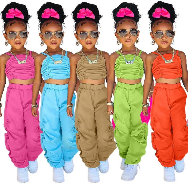 2pcs/sets Children\'s Fashion Clothes Outfits Girl Baby Kids Summer Clothing Suits For Girls Sleeveless Crop Tops+Cargo Pants