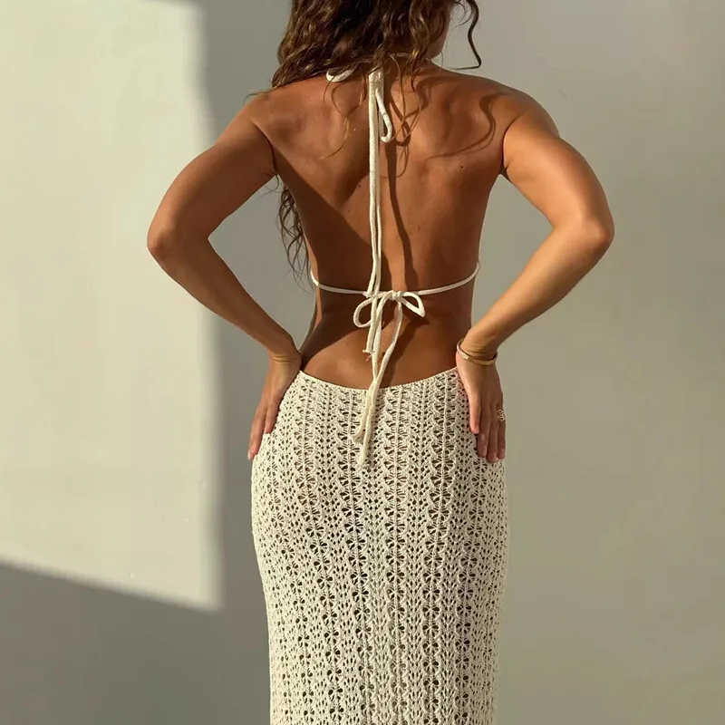 

sexy backless knitting dress 2025 New Summer Women's Clothing European and American Sling Dress Beige Knit Long Sexy Dress