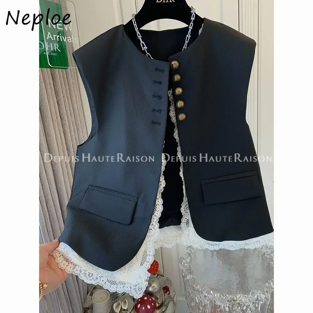 Neploe Simple Patchwork Commuter Korea Lace Vest Advanced Fake Two Pieces Streetwear Goth Jacket French Style Vintage Y2K Tank