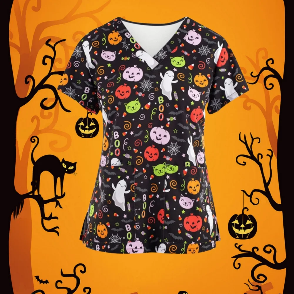 Women's Medical Uniform Halloween Cartoon Print Health Care Nursing Tops Casual Microelastic Short Sleeve Clinical Uniform Woman