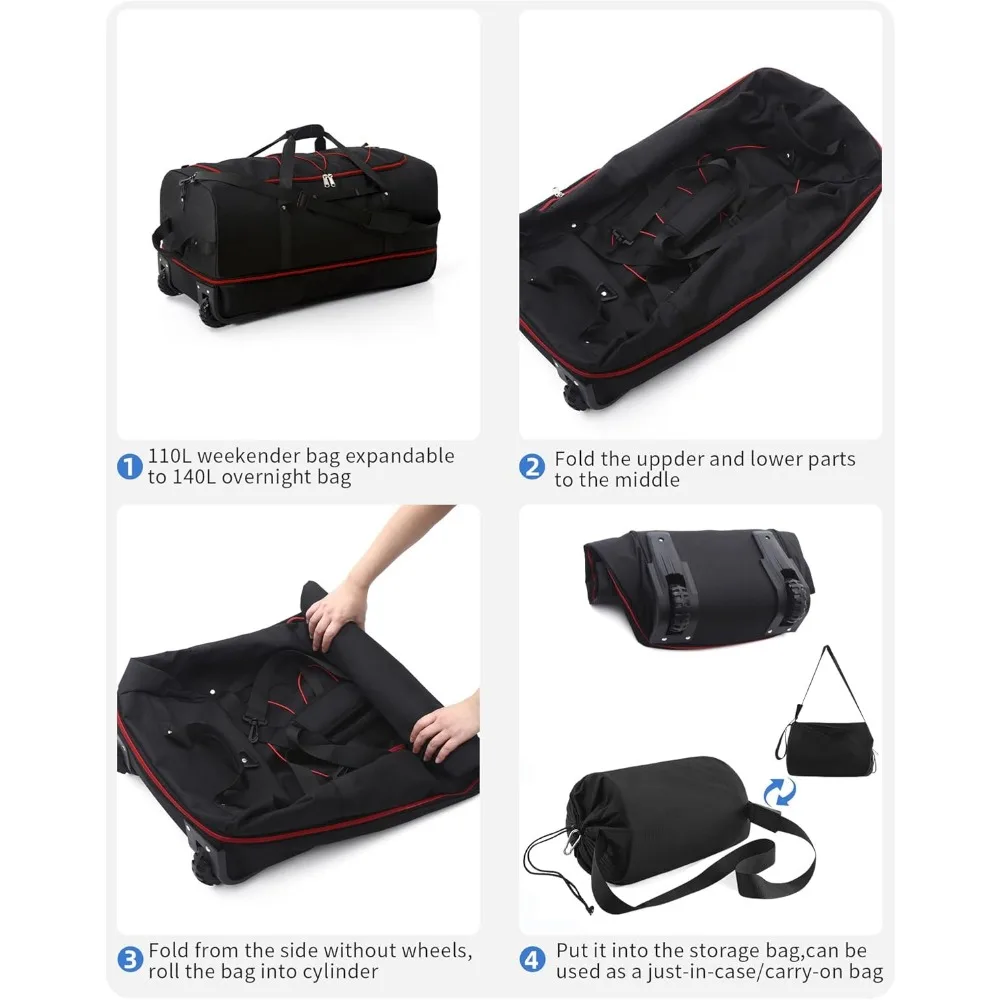 حقيبة واق من المطر قابلة للتوسيع 110 لتر - 140 لتر مع عجلات مضمنة، حقيبة سفر قابلة للتحويل في عطلة نهاية الأسبوع، نظام سلك بنجي، سعة كبيرة f