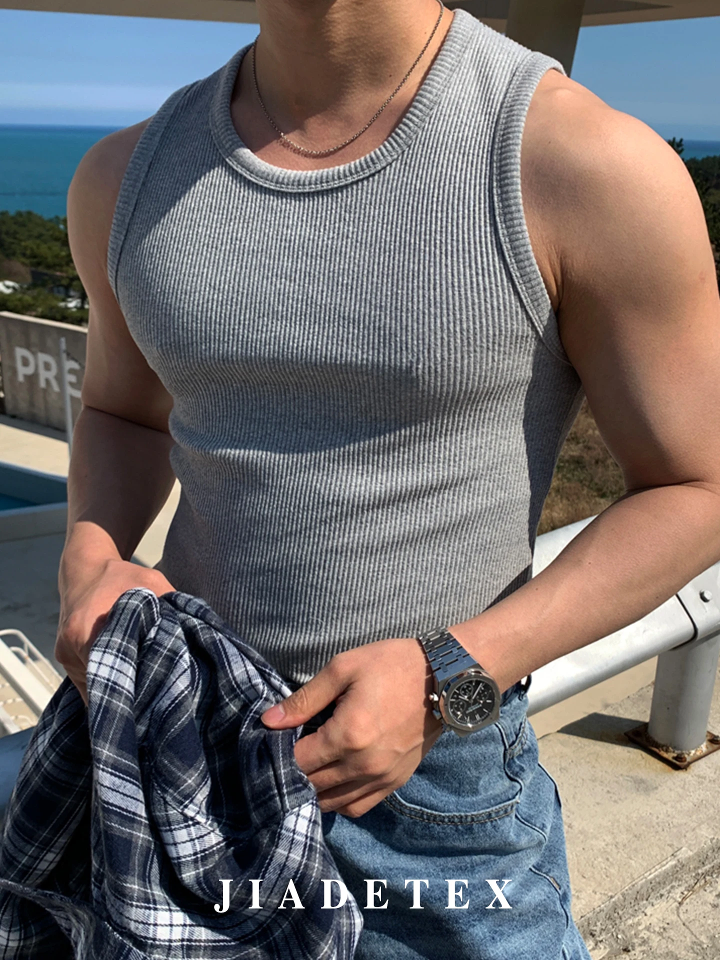 

ay American Sle Hard Man Chunky Horizontal Stripes Vest Men's Fitn Sport Knitted Soft Sle round Ne ort Sve