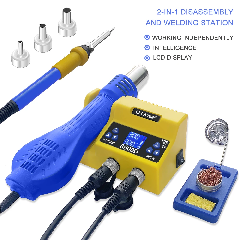 Lefavor 8909 digital soldering station BGA SMD Welding Rework Tool, soldering iron+ hot air gun portable