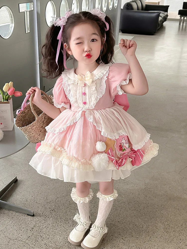 Girls' Lolita Girls cute Princess Lolita Dress Summer 2025 new summer baby girls bow birthday dress