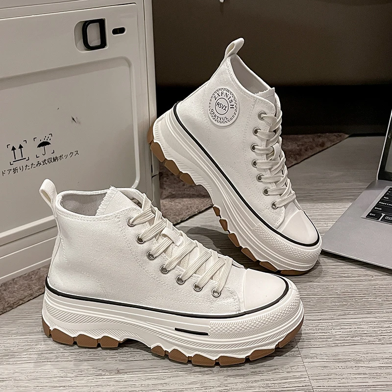 Sapatos de lona alta respirável para mulheres, sapatilhas vulcanizadas para senhoras, sapatos de plataforma, branco, calçado feminino