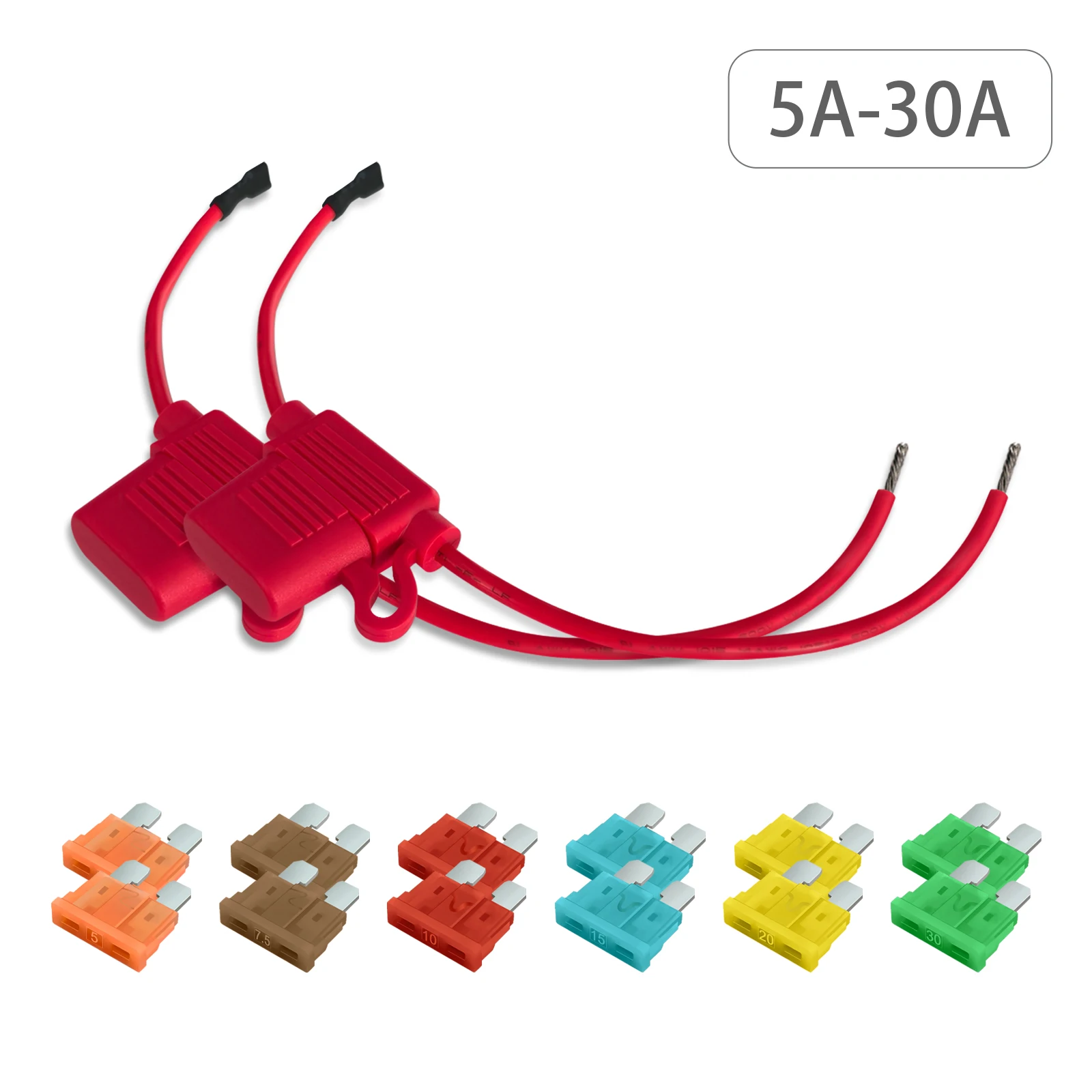 2er-Set 14AWG Inline-ATO-Sicherungshalter mit Jumper-Kabelbaum, 6,3mm Flachstecker, 58V 5A 10A 15A 20A für Auto, LKW, Wohnmobil, Boot