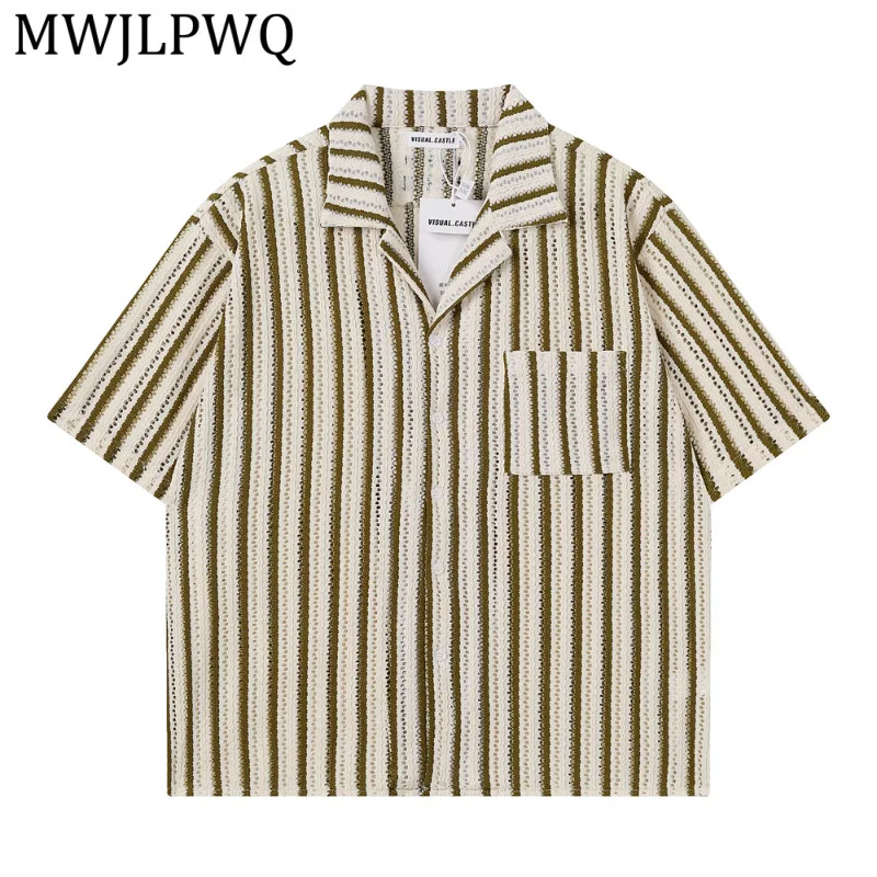 

MWJLPWQ Men's Striped Hollow Out Camp Collar Shirt Short Sleeve Button-Up Casual Blouse Chest Pocket Summer Daily Wear Top 15515