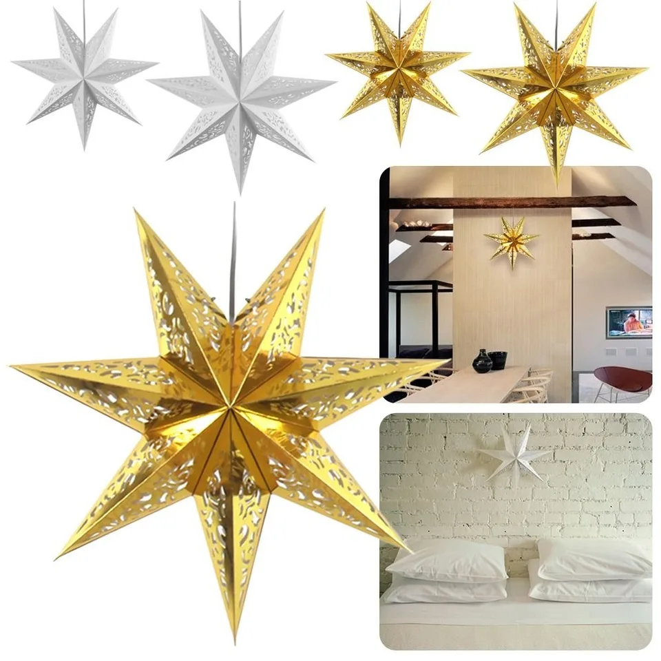 Lurrose 2-Pack Golden Star Shape Lampshade – 17.7 Inch Paper Light Cover, Hollow Decorative Hanging Lamp Shade For Christmas, Weddings & Parties
