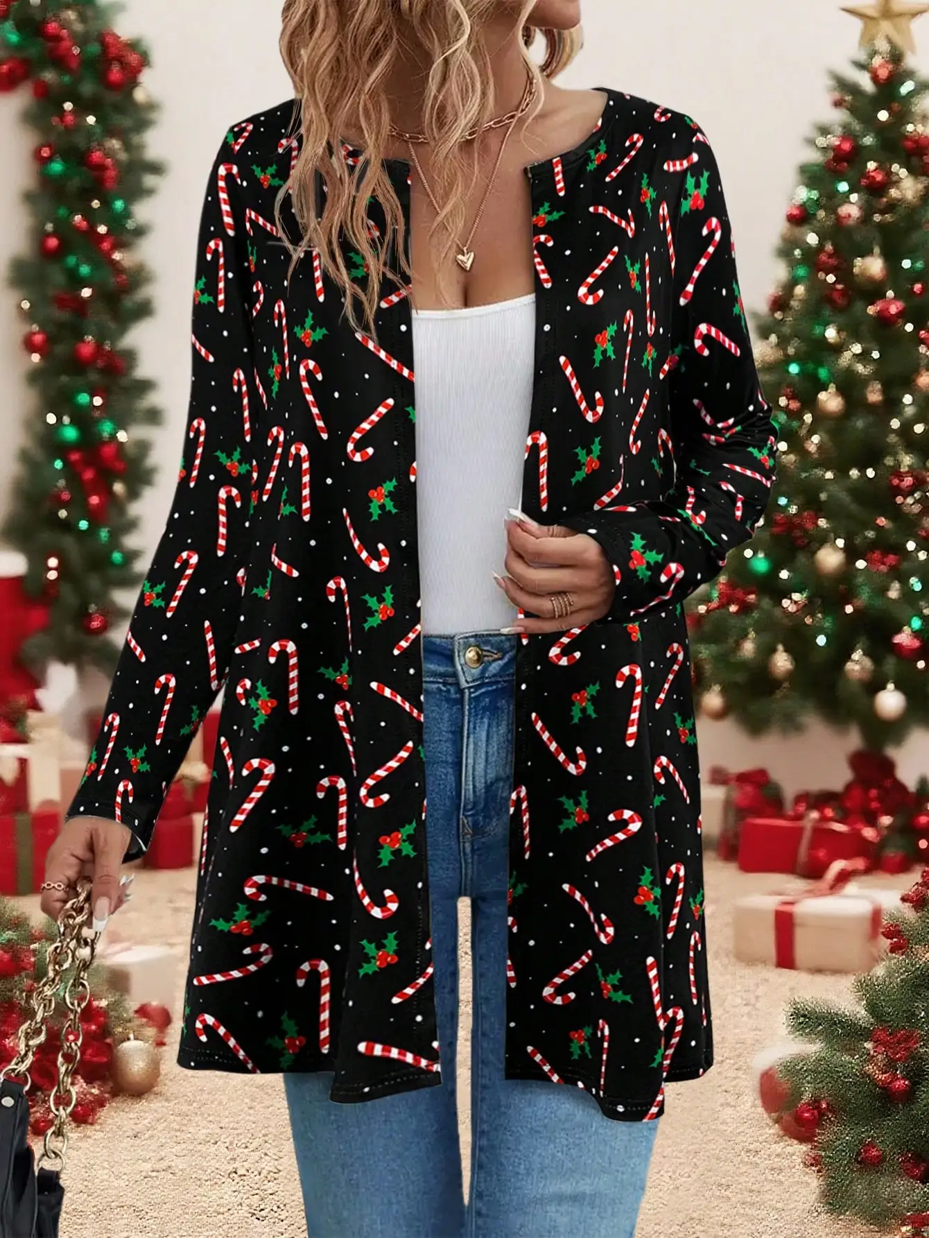 

Женский милый рождественский кардиган с открытой передней частью и принтом конфетной трости и Holly, легкая праздничная верхняя одежда с длинными рукавами