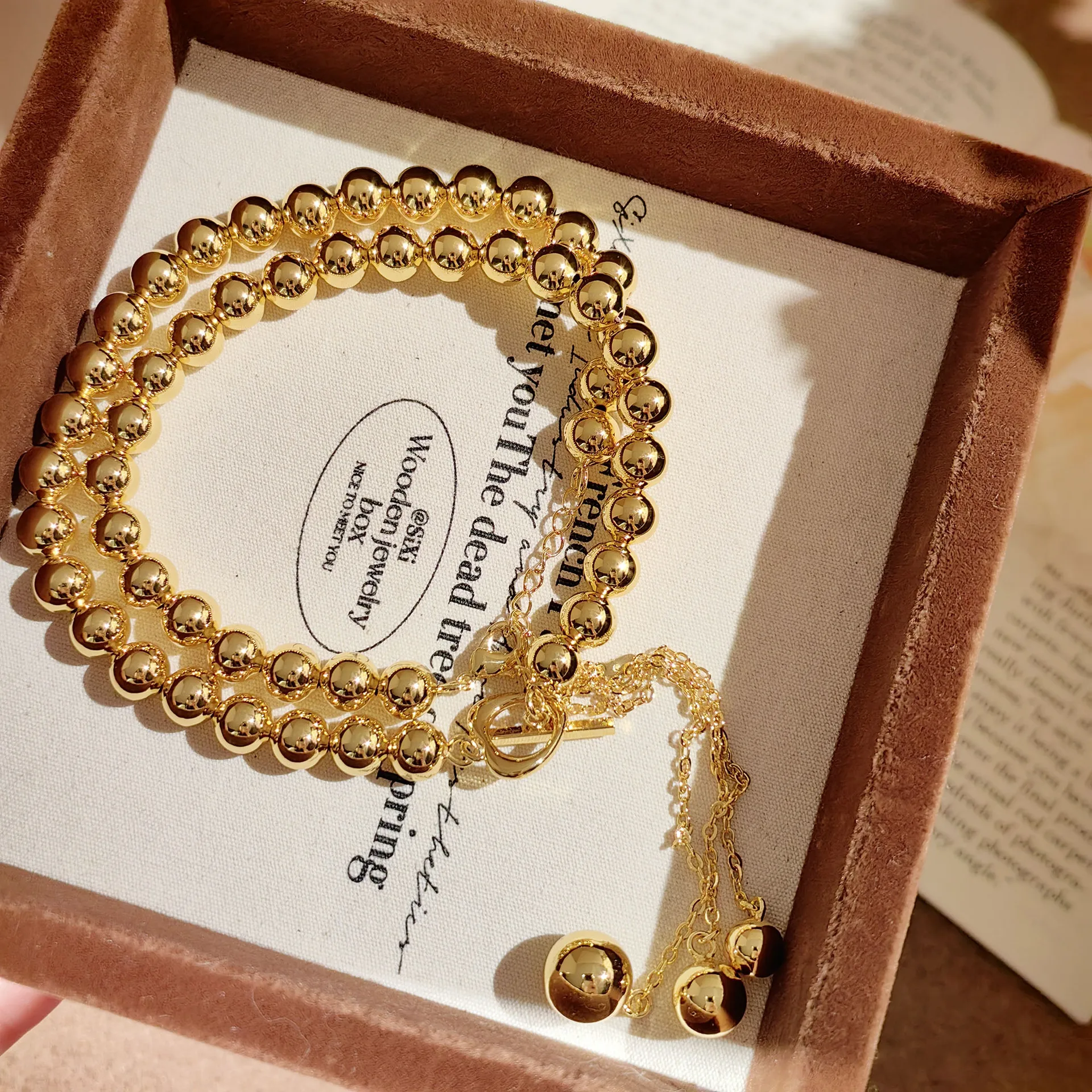 S925 Sterling Silver Ancient Gold Bead Chain Love Fringe Necklace Collarbone Chain