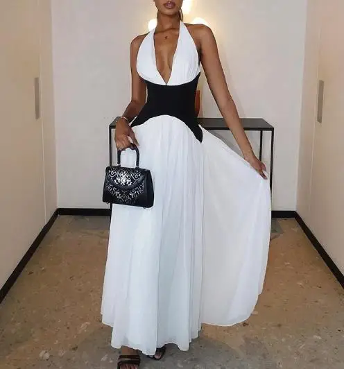 

2026 Summer New Women's Fashion Elegant Sexy Color Contrast Deep V Sexy Sleeveless Hanging Neck Waist Big Swing Dress