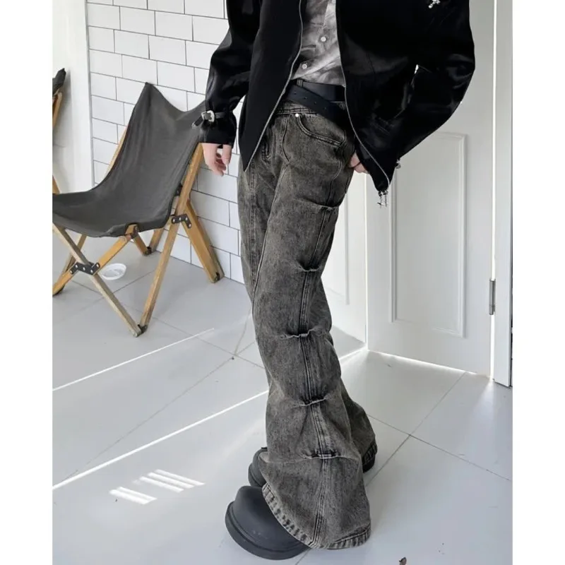 QWEEK Gothic Vintage Women's Flared Jeans Black Stacked Y2k Streetwear Denim Pants Grunge Korean Fashion Trousers 90s Aesthetic