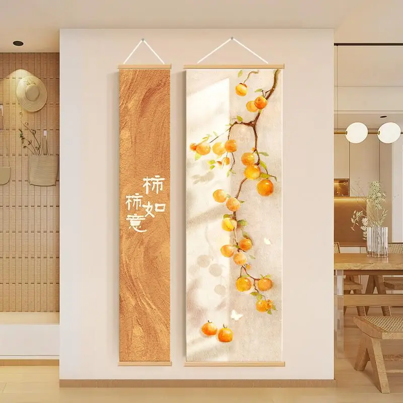 Wall Art Aesthetic Room Decor | Warm Wood & Persimmon Scroll for Reading Nook Entryway Corridor Zen