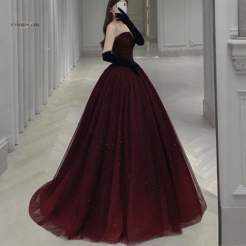 Customized Burgundy Beaded Ball Gown For Women's Formal Evening Gown Elegant Long Sheer Dress With Sparkling Sequins Ball Gown