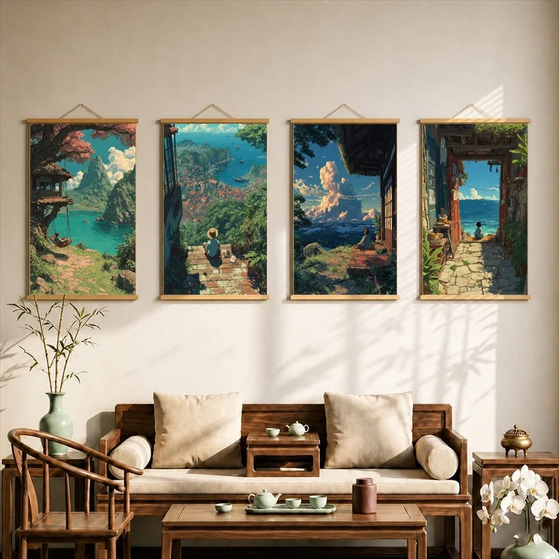 Room Art Solitary Figure in Gentle Light, Soft Healing Pearlescent Canvas Hanging Scroll with Wooden Rods for Reading Nook