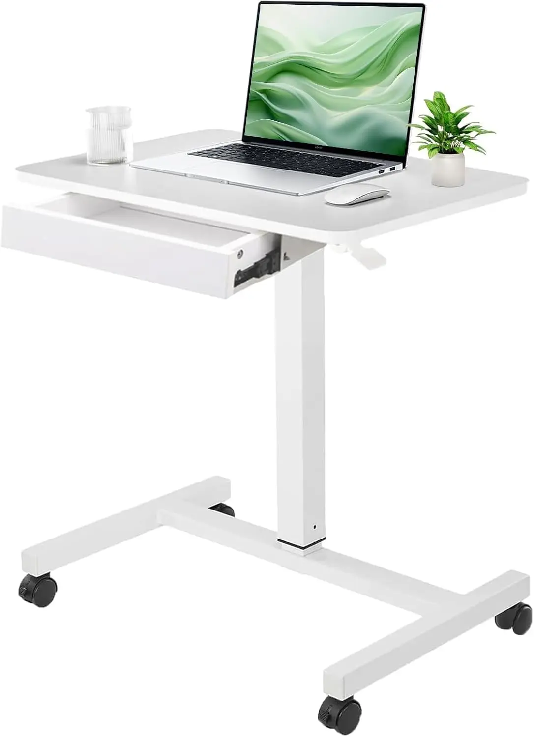 Mobile Laptop Standing Desk, Height Adjustable Teacher Podium with Lockable Wheels, Adjustable Work Table with Drawer, Computer