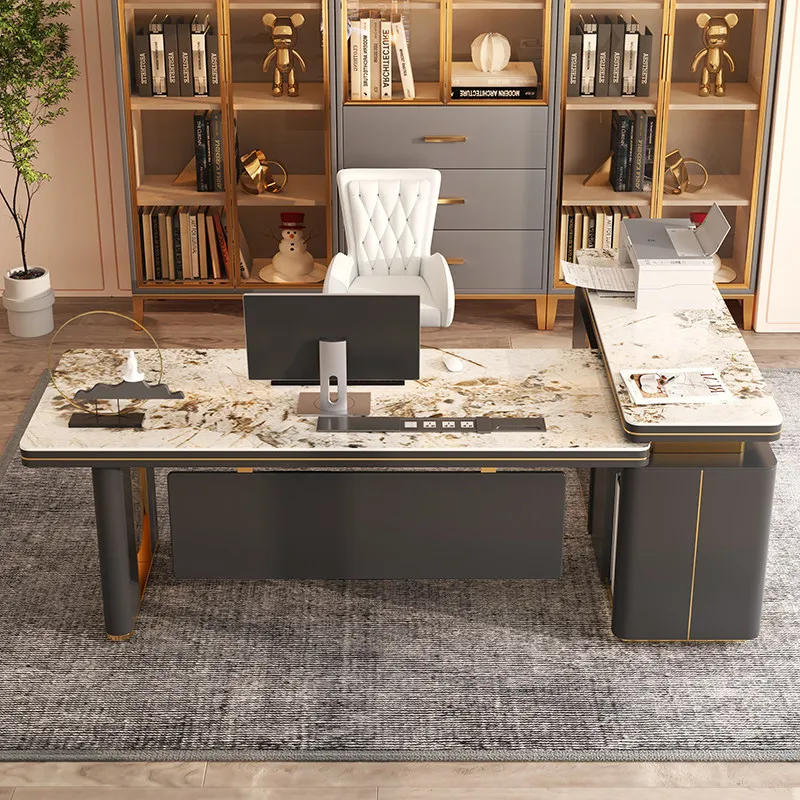 

Роскошный угловой L-образный стол с столешницей из спеченного камня Pandora, современный офисный стол для руководителя, мебель для домашнего кабинета