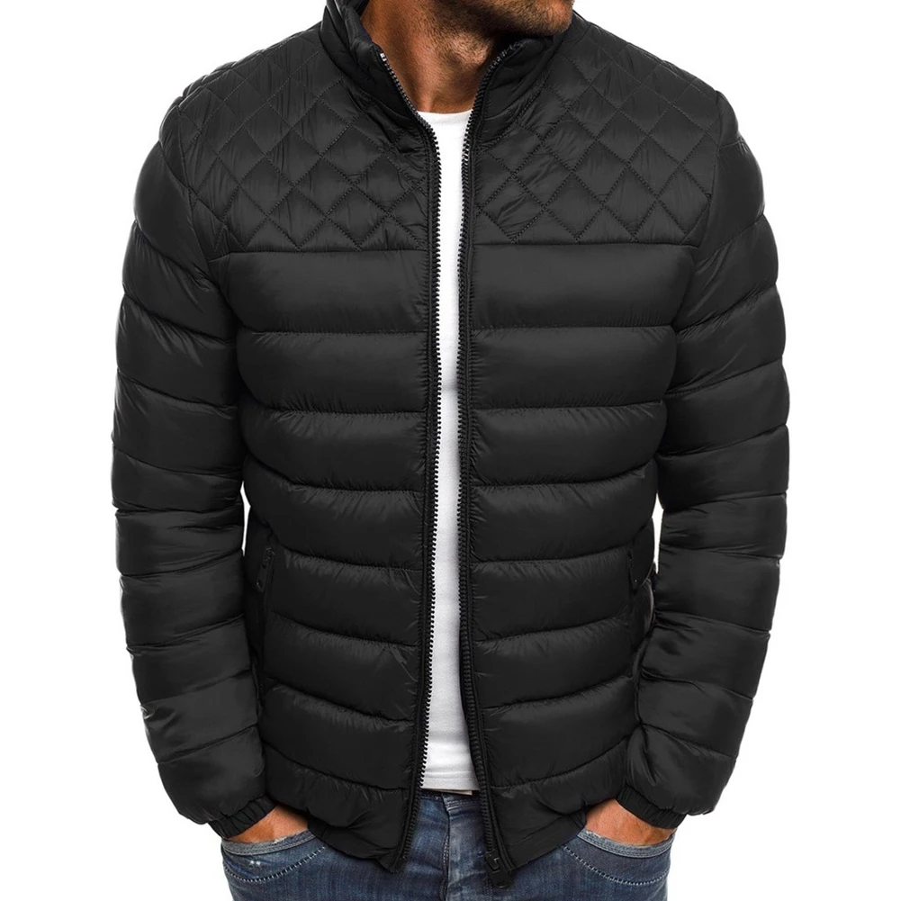 Mens Classic Winter Warm Stand Collar Puffer Thermal Solid Color Jacket Quilted Padded Comfortable Coat Casual Outwear  Fashion