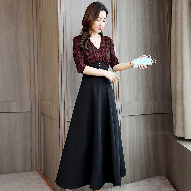 Female New Korean Add velvet Winter Long Dress Fake Two Pieces A-line Dress with Waist Closure and Belly Covering Style Women