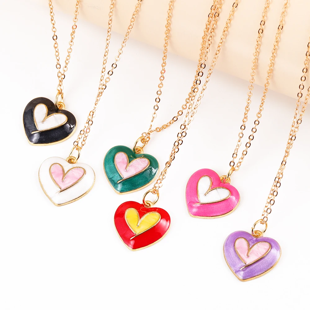 Lovely Alloy Enamel Double Colors Stereoscopic Heart Pendant Necklace For Kids Girls Cute DIY Necklace Party Jewelry Gifts