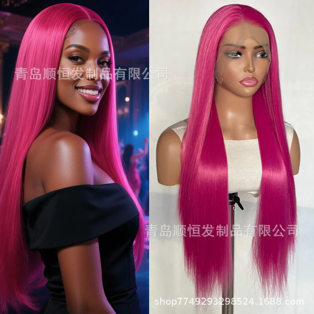 باروكة أوروبية وأمريكية، دانتيل أمامي، شعر مستقيم طويل أحمر وردي، مناسب للعب الأدوار للنساء اليوميات