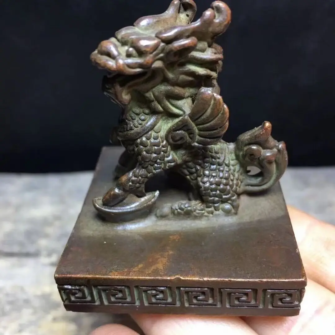 Chinese bronze dragon kirin figure Collection seal statue tea pet table decor