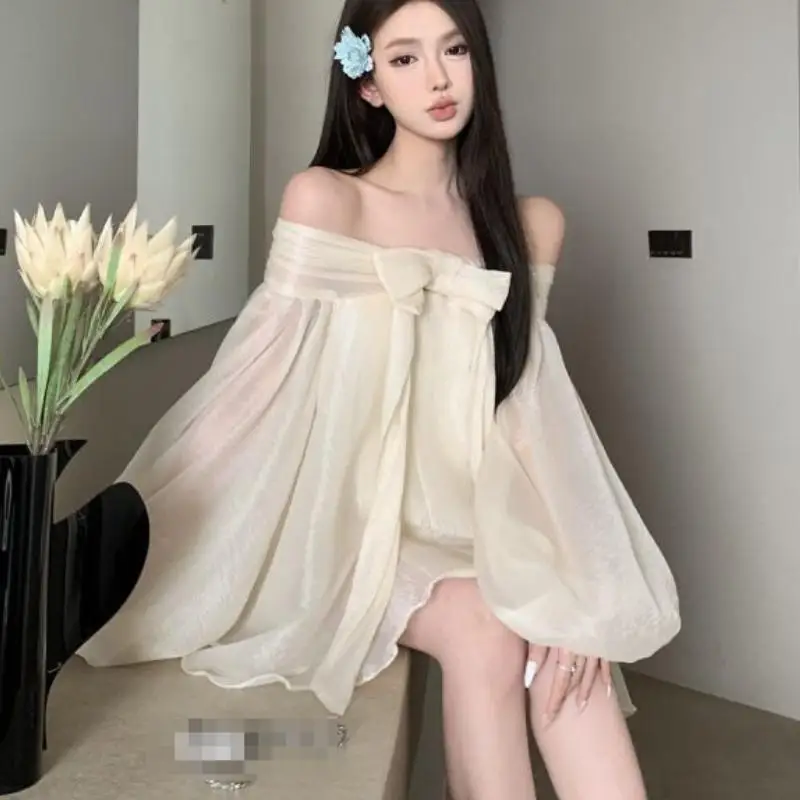 Elegant Temperament Girl Bow One Shoulder Tops Autumn New Gentle Women's Loose A-Line Skirt Comfortable Versatile Skin Friendly