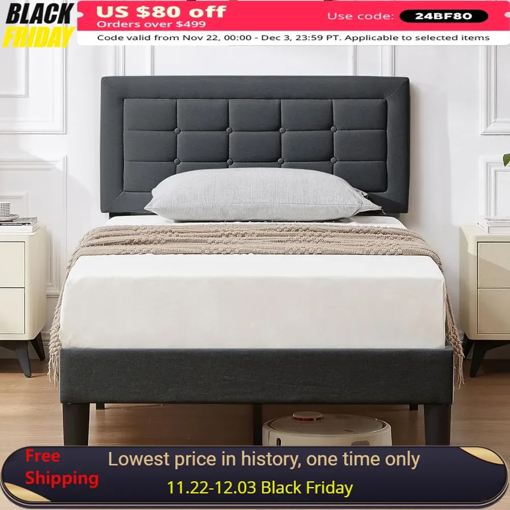 

Twin Upholstered Bed Frame,Adjustable Fabric Headboard,Mattress Base,No Spring Mattress Required,Heavy Duty Platform Bed Frame