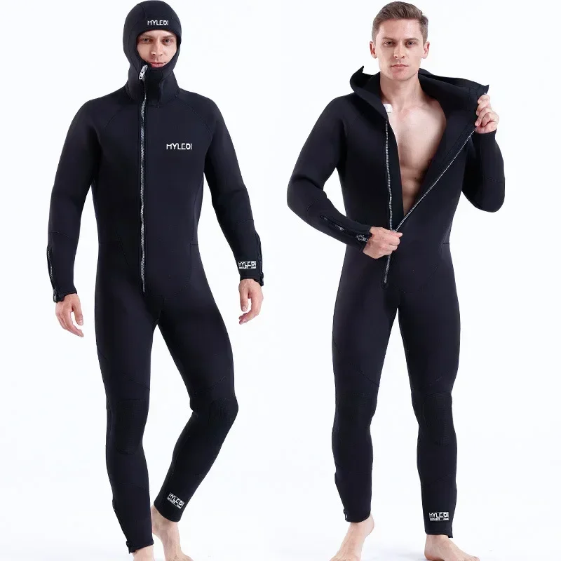 

Men 7mm Neoprene Wetsuit One-Piece Hooded Diving Suit with Front Zipper, Blind Stitch Seam, Zipper on Cuff and Leg Opening