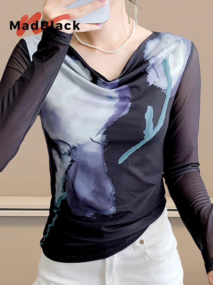 MadBlack-Women European T-Shirt, Sexy V Neck Geometry Print, Fashion Long Sleeve Slim Mesh S-3XL Tee, 2025 Autumn New T59313CC
