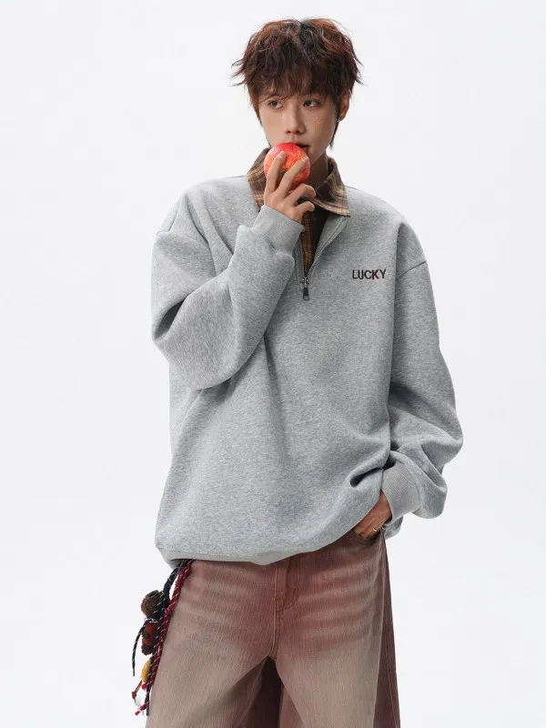 

TANGZ Studio Heavyweight f-Zip Sweatirt Fake Two-Piece Plaid Outerwear Trendy Loose Collared Top for Men And Women