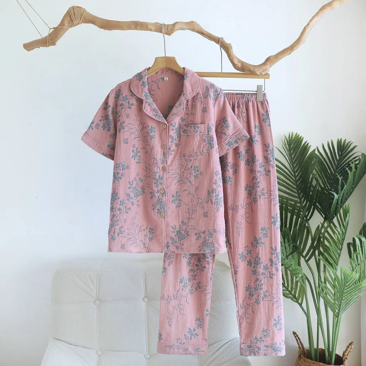 Cotton Printed Women Sleepwear Set Cardigan Short Sleeved Tops with Pockets and Cropped Pants Summer Thin Design Clothes