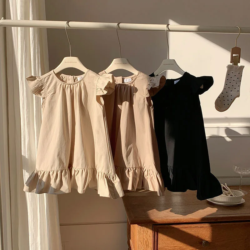 Kids Girls Simple Long Dress Flying Sleeve Round Collar A-line Loose Vestidos 1-8Y Children Summer Versatile Tops Dresses