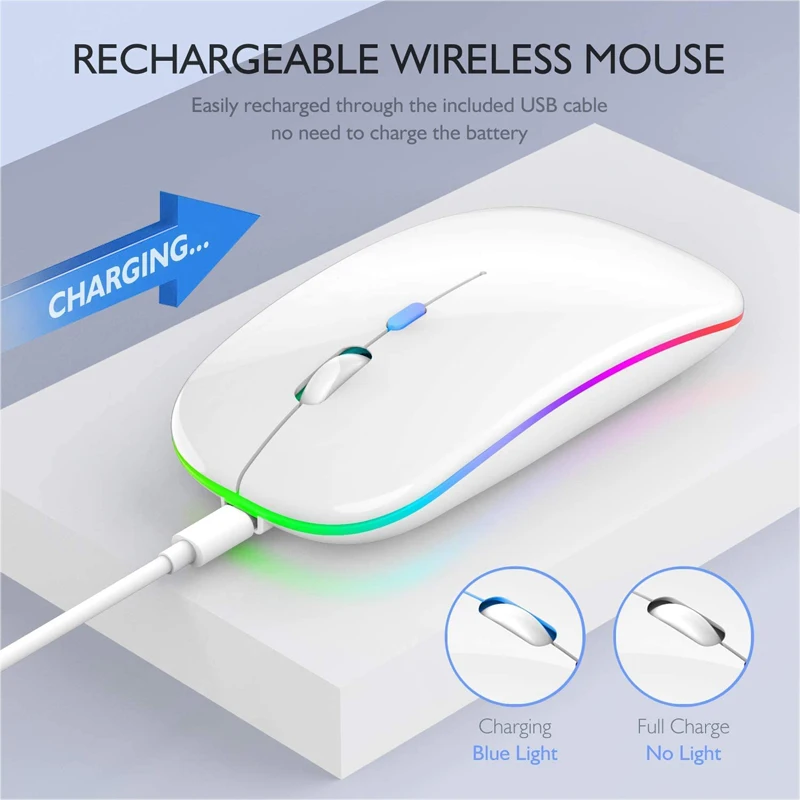 Led mouse sem fio bluetooth-compatível fino recarregável silencioso ratos rgb ergonômico mouse para jogos para computador portátil pc 2.4ghz