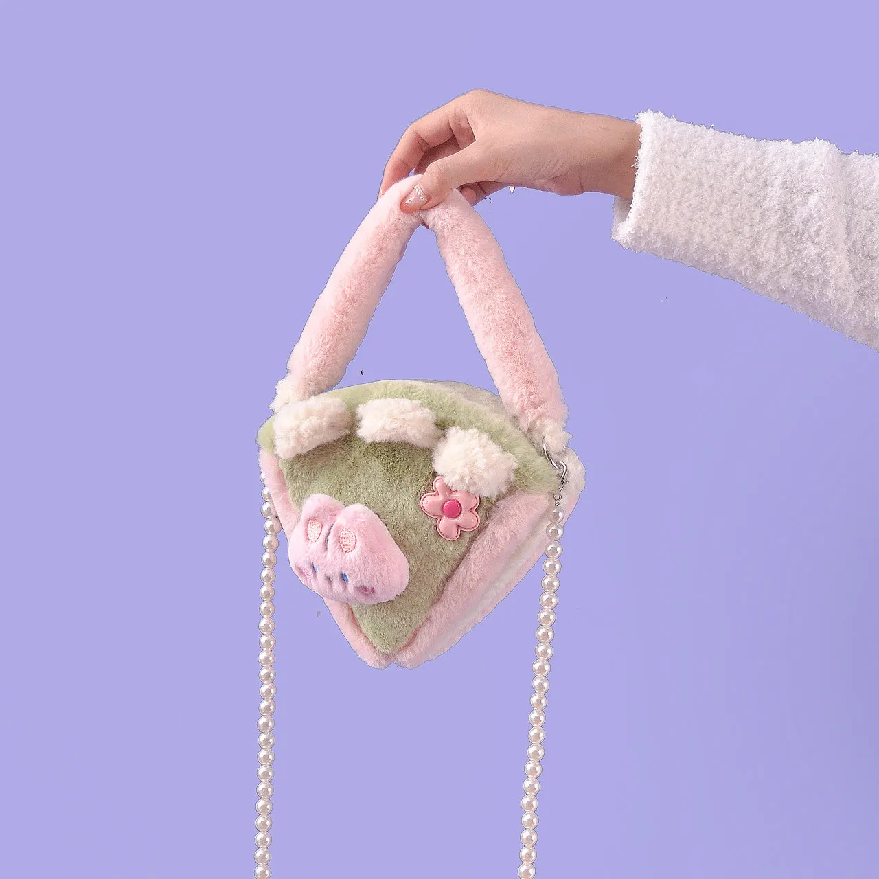 Original Cute Plush Mini Crossbody Bag Women Autumn Winter Kawaii Coin Purse Small Storage Bag With Pearl Chain