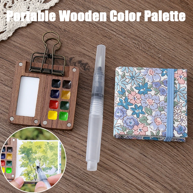 水彩絵の具,黒のミニクルミ,8グリッド,0.5mlの木製トラベルトレイ