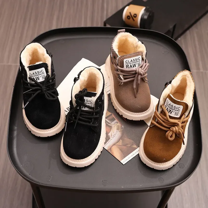 

Children's Fashion Cotton Shoes Boys' Warm Winter Cotton Lined Ankle Boots for Boys Girls Side Zipper Retro Snow Thermal Boots