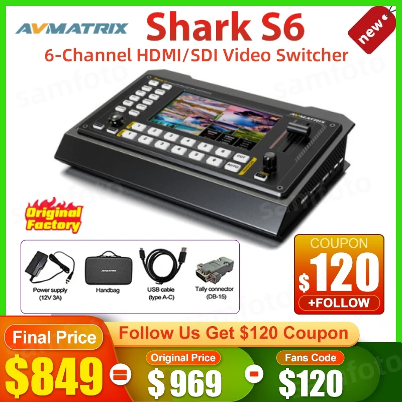 Avmatrix Shark S6 6-CH HDMI/SDI Video Switcher 5 inch USB Disk SD Card Record Audio Mixer PTZ Camera Control for Live Stream