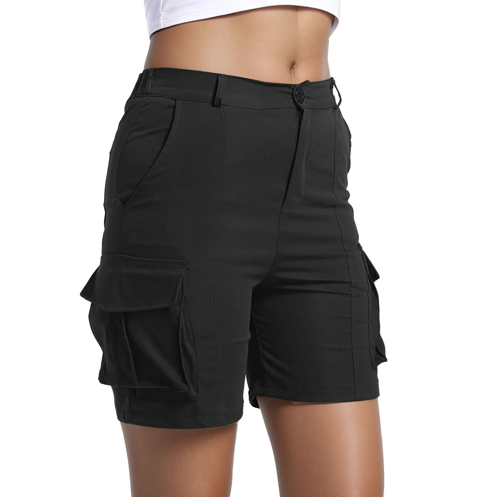 

Vintage Cargo Shorts For Women Solid Color Multi Pockets Elastic Waist Overalls Shorts For Summer Casual Sport Outdoor Shorts