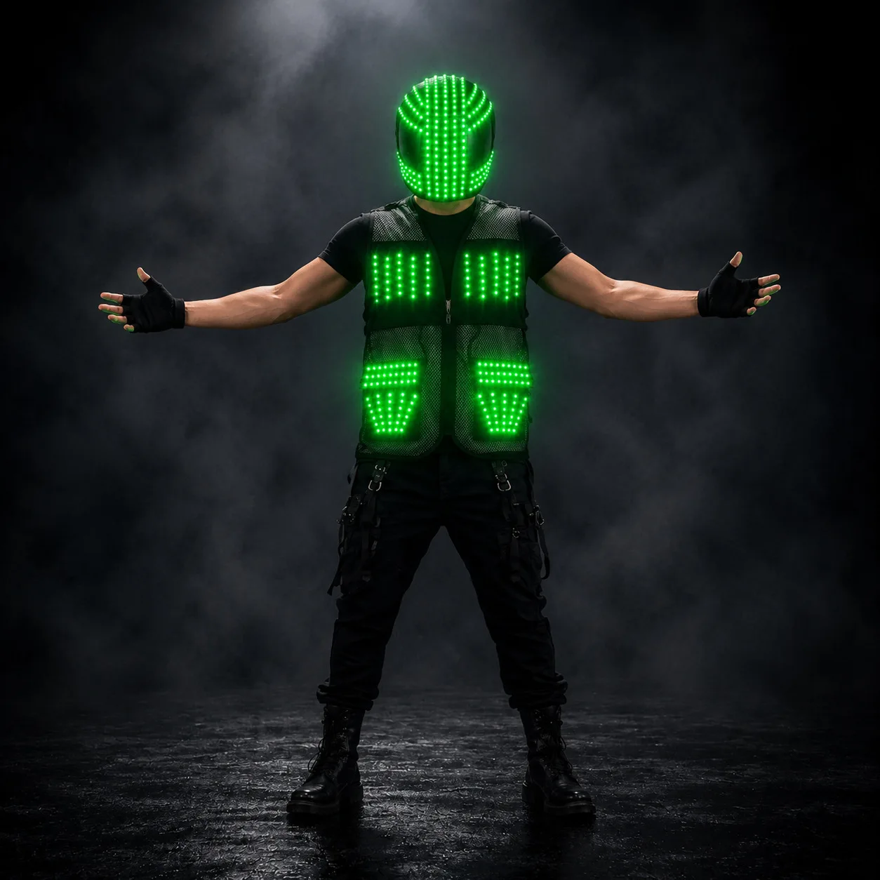 LED Motorcycle Helmet and Luminous Vest Set -Colorful Motorbike Safety Gear for Men Riding Kit Nightclub Stage Wear